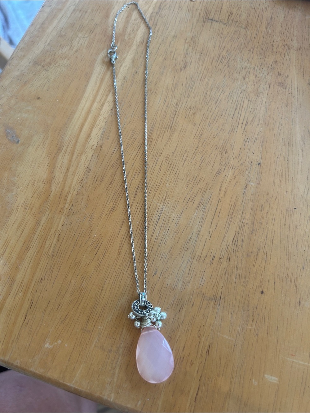 Silver Necklace with Pink Teardrop Pendant